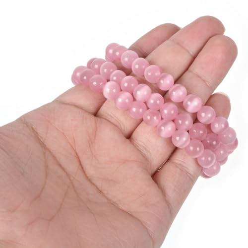 Justinstones Gem Semi Precious Gemstone 8mm Round Beads Stretch Bracelet 7 Inch Unisex - color: Synthetic Pink Cat's Eye Glass