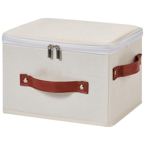 Storage Bin Box with Zippered Lid Cotton Linen Fabric Decorative Basket with PU Leather Handles PP Plastic Board Foldable Lidded Clothing Shelf Closet Organizer Container (Beige, Small) - color: Beige, size: Small ( Pack of 1 )