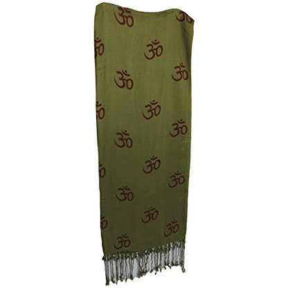 Indian Ethnic Yoga Red Om Block Print Long Scarf Prayer Shawl Stole SHANTI - color: Olive Green