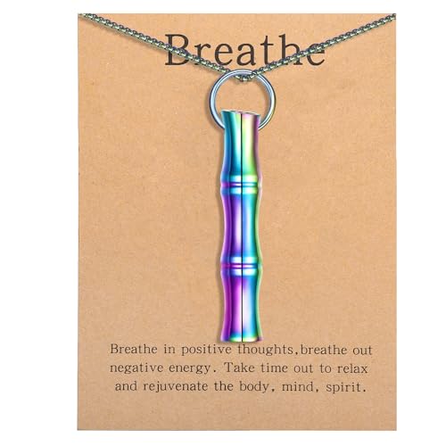 COTATI Anxiety Breathing Necklace Breathe Easy Mindfulness Necklace Stainless Steel Pendant for Women Men Natural Calm & Stress Relief - color: Rainbow-bamboo