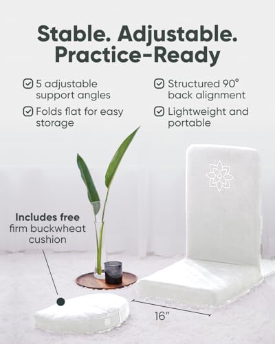 Folding Pro Meditation Chair - Adjustable Meditation Seat with Back Support and Half Moon Buckwheat Meditation Cushion - Comfortable Mindfulness Living Room Floor Chair - color: Classic White