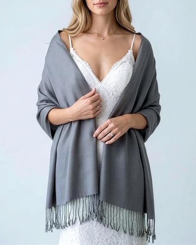 Achillea Lightweight Pashmina Scarf for Women – Soft Silky Shawl Wrap for Evening Dresses, Bridesmaids & Everyday Wear - color: Dark Grey