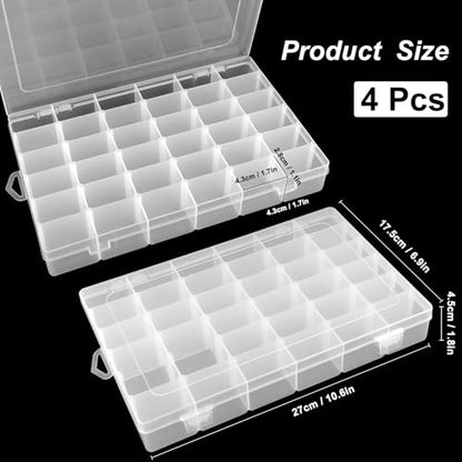 4 Pack 36 Grid Bead Organizer Box, Clear Plastic Small Parts Organizer with Dividers, Bead Storage Containers for Jewelry Craft DIY Thread Fishing Tackle