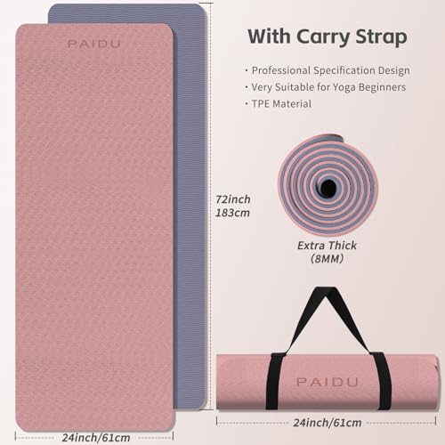 PAIDU Yoga Mat 8mm Super Thick TPE Fitness Mat | SGS Certified | Non-Slip, Odorless & Tear-Resistant | Unisex with Strap | for Yoga, Pilates, Meditation & Home Workouts - color: Deep Pink&Grey