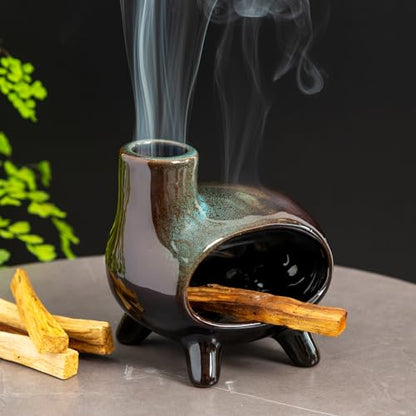 MOUGIGI Handcrafted Ceramic Palo Santo Holder Burner with Green Glaze - Modern Footed Pottery Incense Chimney Dish - Great for Meditation - Wood Sticks, Sage, Ash Catcher Bowl, Cone Compatible. - color: Glazed Ceramics -Footed Black and Green