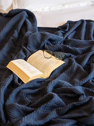 4-Layer Muslin Cotton Bed Blanket Twin Size (66 x 90 inches) – Soft, Breathable, Lightweight All-Season Gauze Blanket, Machine Washable – Navy - color: Navy, size: Twin (66 x 90 inches)