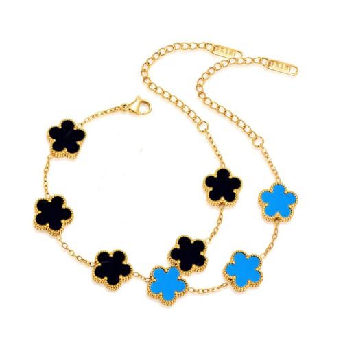 FLY FEI 18K Gold-Plated Four Leaf Clover Bracelet for Women,Adjustable lucky Bracelet Set Jewelry Gift-Hypoallergenic Charm for Birthdays, Wellness & Daily Wear - color: style03-Black+Blue(2pcs)