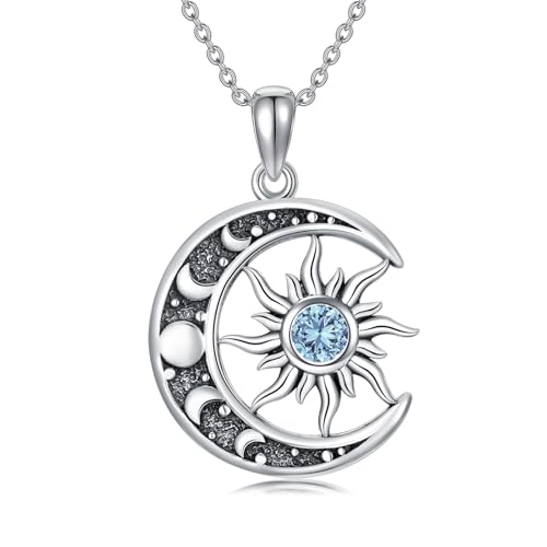 Sun and Moon Necklace 925 Sterling Silver Sun Moon Pendant Gemstone Jewelry Gifts for Women - style: March