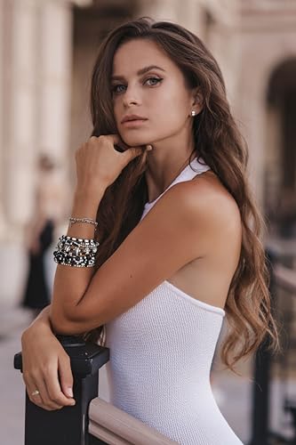 SPUNKYsoul Beaded Stretch Bracelet Set – Multi-Piece Stackable Fashion Bracelet Collection, Elastic Fit, Minimalist Boho Jewelry for Everyday Wear - style: " Ayla" White, Black & Silver