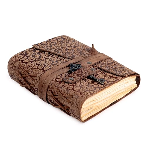 LEATHER VILLAGE Handmade Leather Bound Floral Embossed Journal for Women | 260 Pages Blank of Vintage Paper Writing, Sketchbook, Notebook - Rustic Brown - 12X8 Inches - color: Rustic Brown, size: 12 inches X 8 inches