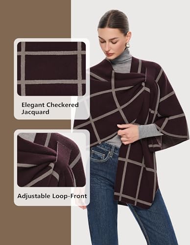 PULI Womens Elegant Cross Front Shawl Wraps Knitted Ponchos Cape Light Weight Poncho Sweater Soft Warm Travel Wraps - color: Classic Check-burgundy and Oatmeal