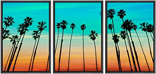 wall26 - 3 Piece Framed Canvas Wall Art - California Sunset Palm Tree Rows in Santa Barbara US - Modern Home Art Stretched and Framed Canvas Ready to Hang - 16"x24"x3 Black - color: Artwork - 07, size: 16" x 24" x 3 Panels BLACK