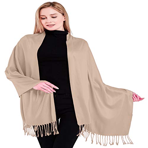 CJ Apparel Solid Color Tassels Design Nepalese Shawl Scarf Wrap Stole Throw Head Wrap Pashmina Gift Hand Made in Nepal New - color: Champagne Pink