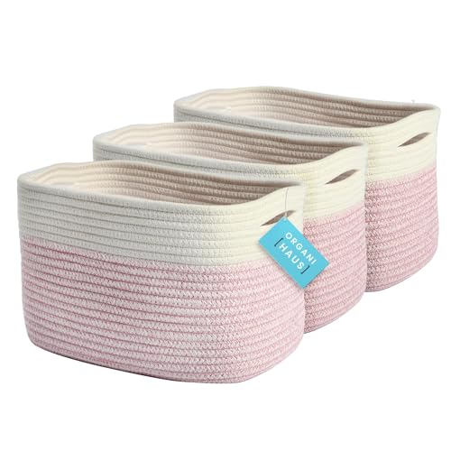 Pink Cotton Rope Baskets for Shelves, Set of 3-15"×10"×9½" - Colorful Storage Baskets for Kids - Nursery, Playroom, Classroom - Toy Storage, Books, Towels - color: Pink / Off-White