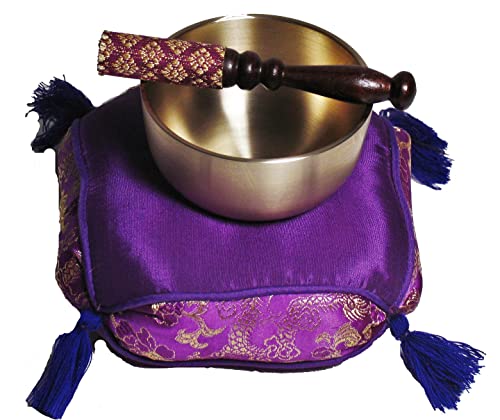 Meditation Accessory Japanese Rin Gong Singing Bowl Set 3.5" dia with Cushion & Stained Wood Striker - Purple - color: 3.5" Brocade Purple