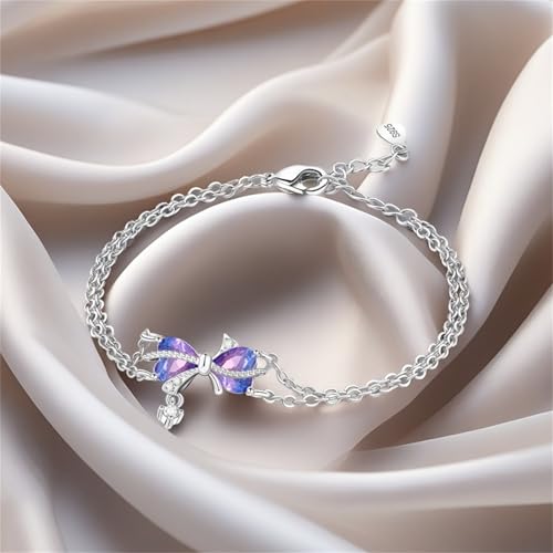 925 Sterling Silver Bracelet for Women,Silver Bracelet Chain Presents for Sister Daughter and Friend, Women's Jewelry for the Daily Occasion - color: Silvery | Love Bow Double Layer Chain