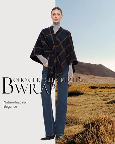 PULI Women's Elegant Shawl Wraps Soft Open Front Poncho Sweater for Spring Fall Winter - color: Classic Check-dark Slate Blue and Caramel
