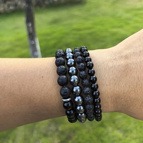 4pcs Natural Crystal Beaded Bracelet for Women,8mm Semi-Precious Healing Gemstone Bracelets 6mm Round Beads Stretch Anxiety Stress Relief Bracelet Spiritual Jewelry Gifts