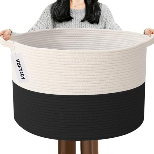 65L Large Blanket Basket,Woven Rope Laundry Basket Hamper with Handles,Decorative Nursery Basket Storage Bin for Toys, Pillows , Clothes Organizer, Living Room, Bedroom, Bathroom, White&Black - color: White&Black, size: 19.7"L x 19.7"W x 13"H(65L)