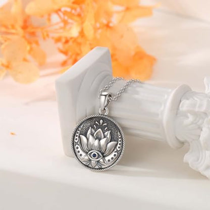 Evil Eye Necklace for Women 925 Sterling Silver, Protection Necklace with Blue Evil Eye Charm, Evil Eye/Lotus Pendant Jewelry, Birthday Christmas Gifts for Her - style: Lotus Evil Eye Necklace - Silver