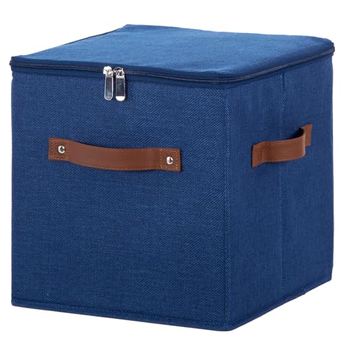 11inch Storage Boxes Cubes with Zipper Lid Collapsible Fabric Lidded Storage Bins Baskets PU Leather Handle Cotton Linen Decorative Shelf Closet Organizer Container (Blue, 1PCS) - color: Blue, size: 11 in (Set of 1)