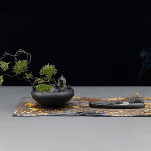 Pine Cloud Zen Décor Set – Feng Shui Bonsai Arrangement, Citrine & Black Tourmaline Crystals, Dehua Ceramic Incense Holder, Nishijin Silk Mat – Meditation & Healing Gift Set - style: Pine Cloud
