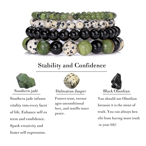 4pcs Beaded Bracelets for Women,Natural Healing Crystal Gemstones Bracelet,Anxiety Stress Relief Bracelet Handmade purple Jewelry Gifts for Women - color: Southern jade&Dalmatian Jasper&Black Obsidian