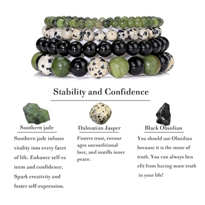 4pcs Beaded Bracelets for Women,Natural Healing Crystal Gemstones Bracelet,Anxiety Stress Relief Bracelet Handmade purple Jewelry Gifts for Women - color: Southern jade&Dalmatian Jasper&Black Obsidian