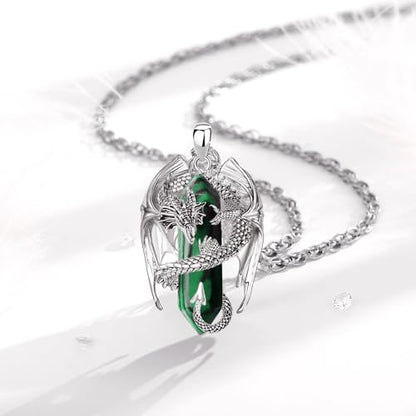 INFUSEU Unique Dragon Necklaces with Healing Crystal Stone for Men Women, Personalized Spiritual Gifts, 24 Inch Chain - color: Green Malachite