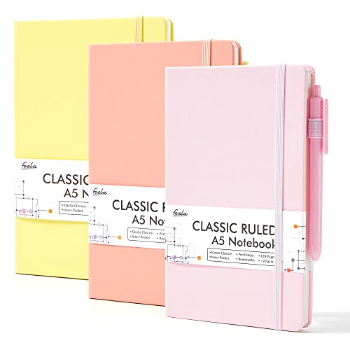 feela 3 Pack Hardcover Notebook For Women, Classic Ruled Lined Journal Set School Business Supplies, with 3 Black Pens, 120 GSM, 5.1”x8.3”, A5, Pastel Colors, Light Yellow, Light Pink, Pale Orange - color: Light Yellow, Light Pink, Pale Orange