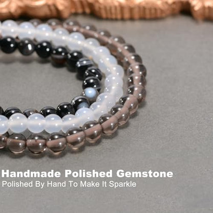 3PCS Agate Bracelet for Women Men Natural Round Beaded Agates Stone Healing Stretch Bracelets Elastic Handmade Polished Gemstone Beads Bracelet - color: White+Grey+Black White