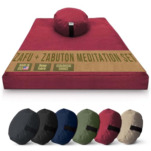 Meditation Cushion Mat Set HEMP - Round Zafu Floor Pillow Organic Buckwheat Pillow + Cotton Filled Zabuton Prayer Pad - Meditation Pillow Yoga Knee Pad - Made in USA - 14" Round, CRANBERRY Hemp - color: Cranberry - Hemp, size: Round Combo