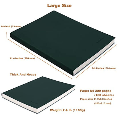 Large Blank Notebook Journal for Writing Drawing, Soft Faux Leather Cover, 100GSM Papers, 320 Pages, A4 8.4x11.4 inches Sketch Book(Green, Plain) - color: Green, Plain