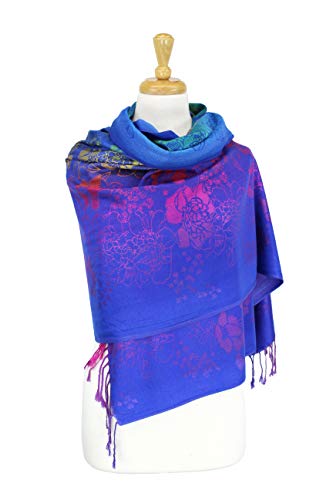 PASKMLNA Double Side Multi Colors Silky Tropical Colorful Exotic Pashmina Wrap Shawl Scarf Rave - color: 051-royal Blue Multi Feathers