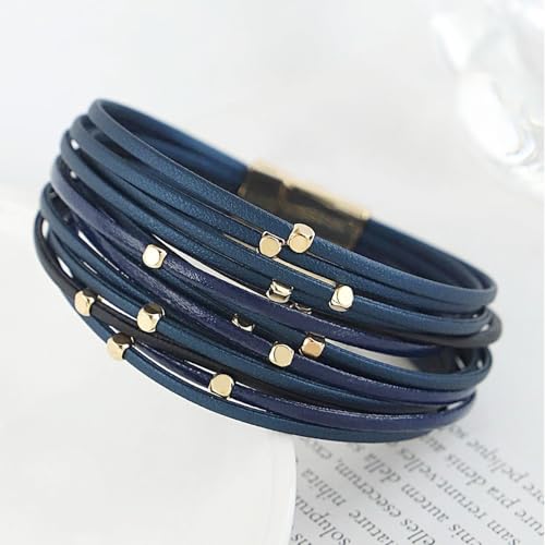 Fesciory Leopard Bracelet for Women, Boho Leather Wrap Multi-Layer Pearl Crystal Bracelet Bangle Jewelry - style: CubeBead(Navy)