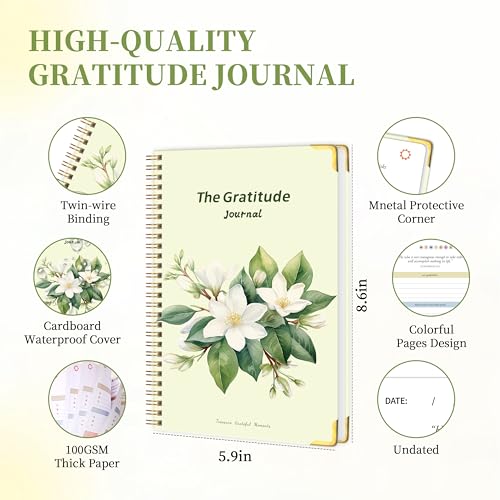 The Gratitude Journal for Women Men, 5 Minute Daily Gratitude Journal Spiral with Prompts & Quotes for Self Care, Happiness, Affirmation and Mindfulness, Hardcover, 5.9"x8.6" - color: Yellow Greem