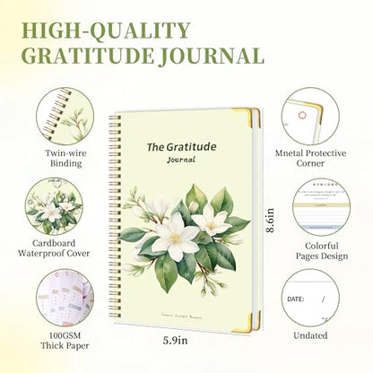 The Gratitude Journal for Women Men, 5 Minute Daily Gratitude Journal Spiral with Prompts & Quotes for Self Care, Happiness, Affirmation and Mindfulness, Hardcover, 5.9"x8.6" - color: Yellow Greem