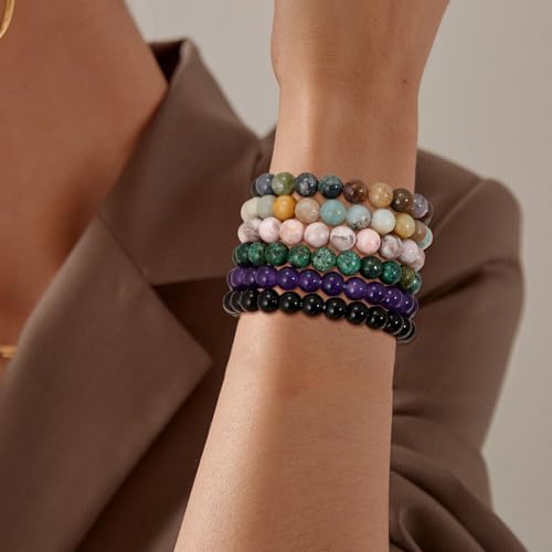 COLOYAN 6PCS 8mm Healing Stone Beaded Bracelet for Women Men, Natural Stretch Crystal Bracelets, Semi-Precious Gemstones Reiki Spiritual Jewelry