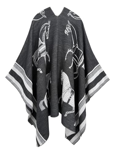 Women's Elegant Shawl Wraps, Soft Open Front Poncho Cape, Reversible Casual Cardigan Shawls for Gift Travel - color: Black-grey-white