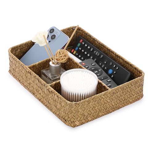 BTSKY Desk Drawer Organizer Tray, Coffee Station Organizer Tea Bag Organizer, Woven Seagrass Storage Basket with 4 Divided Sections Handwoven Wicker Storage Basket for Shelves, Pantry, Coffee Bar