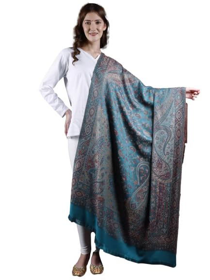 Exotic India Reversible Jamawar Shawl with Woven Paisleys - Wool - color: Duck Blue
