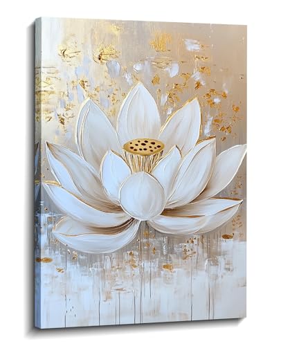 Lotus Canvas Wall Art Zen Wall Decor Framed White and Gold Lotus Flower Picture Meditation & Relax Painting Prints Spiritual Room Living Room Bathroom Ready to Hang(Art-17,12.00"x18.00") - color: D - White Gold, size: 18"L x 12"W