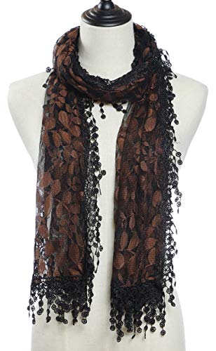 Cindy and Wendy Lightweight Soft Leaf Lace Fringes Scarf Bridal Veils shawl for Women - color: Gold/Black