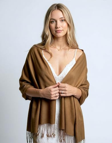 Achillea Lightweight Pashmina Scarf for Women – Soft Silky Shawl Wrap for Evening Dresses, Bridesmaids & Everyday Wear - color: Cocoa Brown