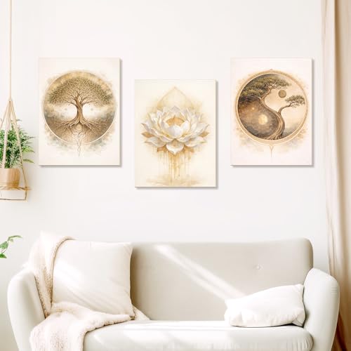 Bnesi 3-Piece Zen Wall Art Set Tree of Life & Lotus Flower Wall Art Large Wall Art for Living Room Tree Art & Tree of Life Wall Art Ideal Artwork for Walls Stylish Wall Decor Art (Classic)