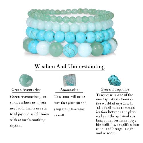 4pcs Beaded Bracelets for Women,Natural Healing Crystal Gemstones Bracelet,Anxiety Stress Relief Bracelet Handmade purple Jewelry Gifts for Women - color: Green Aventurine&Amazonite&Green Turquoise