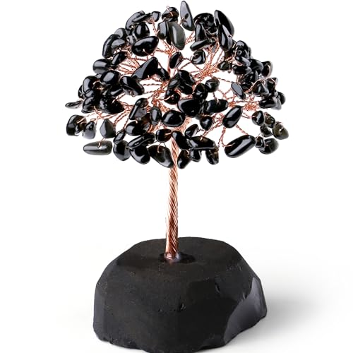 Black Obsidian Crystal Tree Healing Crystals Natural Stone Base Gemstone Tree Copper Wire Chakra Tree Life Tree Luck Tree Energy Desk Decor Spiritual Gift Meditation - color: Black Obsidian, size: 5.2 in