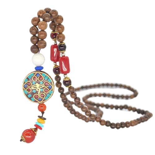 Boho Nepal Mala Wood Bead Fish Elephant Long Pendant Necklace for Women Friend Vintage Chunky Wooden Rosary Statement Sweater Chain Necklace Handmade Ethnic Meditation Prayer Jewelry