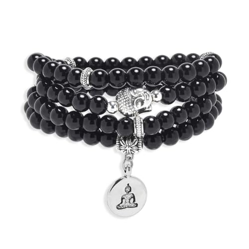 108 Mala Beads Bracelet/Necklace with Buddha Charm – Meditation Beads, Yoga Jewelry, Prayer Beads, Zen Necklace – Ideal Gift for Spiritual Practice - style: Black Agate