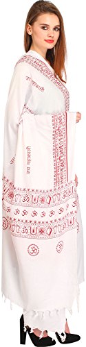 Exotic India Jai Maha Kali Prayer Shawl – Warm & Stylish PolyCotton Religious Cloth for Women - 7.0 ft x 3.6 ft - White